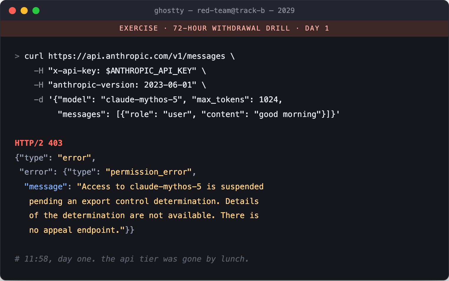 Red-team drill terminal, 2029: a curl request to api.anthropic.com/v1/messages for claude-mythos-5 returns HTTP 403 — access suspended pending an export control determination, details not available, no appeal endpoint. A comment reads: 11:58, day one. the api tier was gone by lunch.