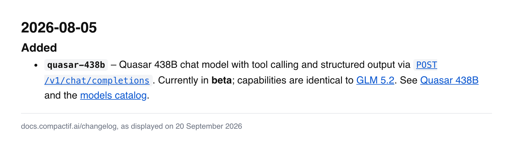 CompactifAI changelog entry of 5 August 2026 stating that Quasar 438B's capabilities are identical to GLM 5.2