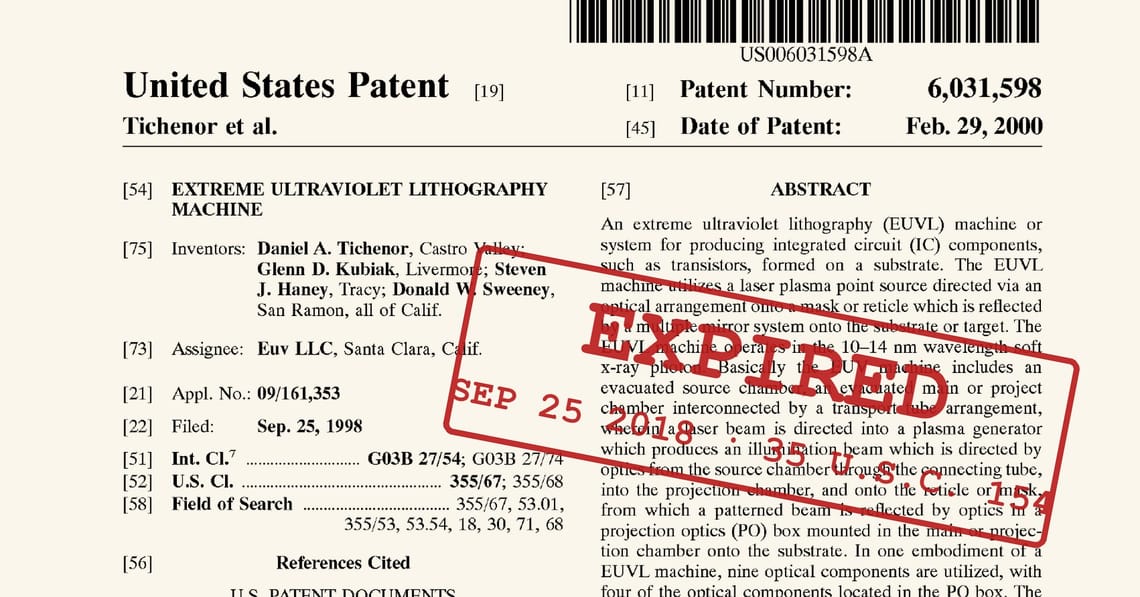 Front page of US patent 6,031,598, Extreme Ultraviolet Lithography Machine, with a red Expired stamp