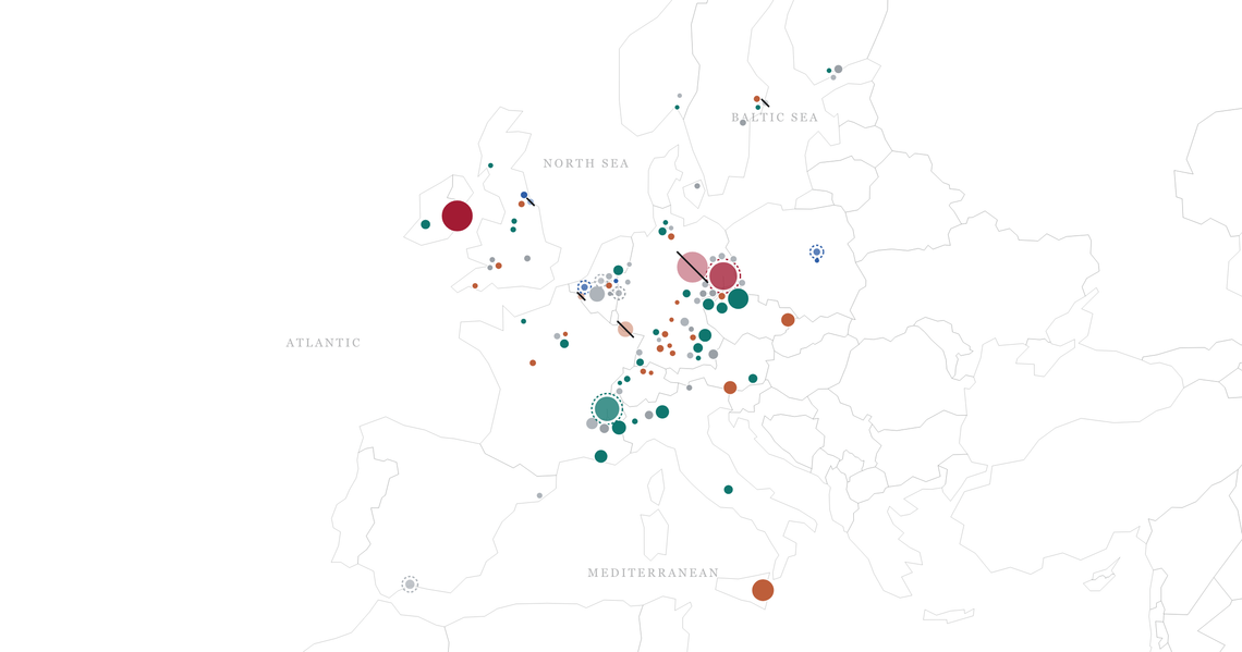 Map of European semiconductor fab sites, with markers coloured by production category.